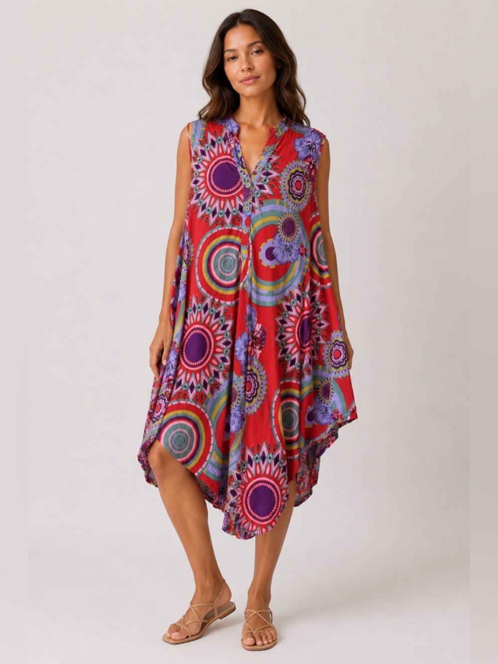 Mandala Print High Low Dress Free Size 100% Cotton